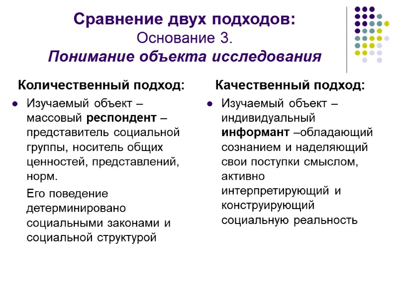 Сравнение двух подходов: Основание 3.  Понимание объекта исследования Количественный подход: Изучаемый объект –